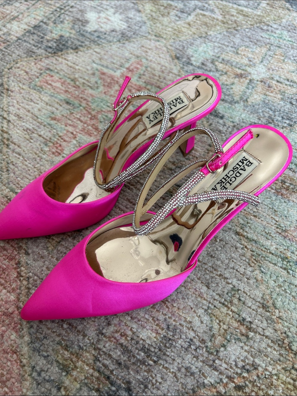 Badgley Mischka Fuchsia Crystal-Embellished Pointed Slingback Heels